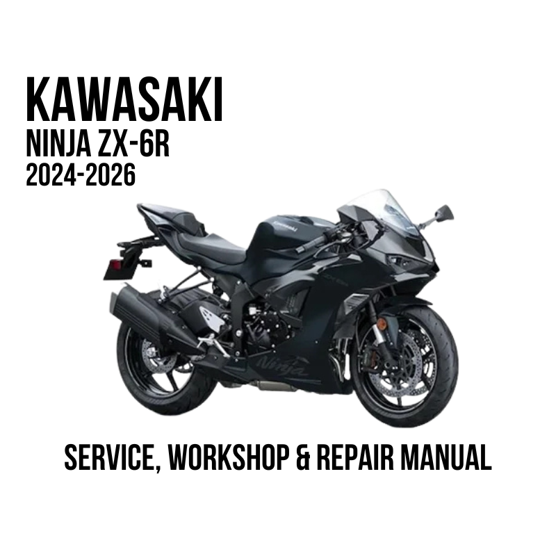 A black Kawasaki Ninja ZX-6R sport motorcycle is shown on a white background with text reading 'KAWASAKI NINJA ZX-6R 2024-2026' and 'SERVICE, WORKSHOP & REPAIR MANUAL'.