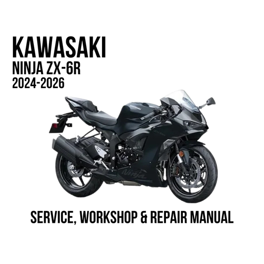 A black Kawasaki Ninja ZX-6R sport motorcycle is shown on a white background with text reading 'KAWASAKI NINJA ZX-6R 2024-2026' and 'SERVICE, WORKSHOP & REPAIR MANUAL'.