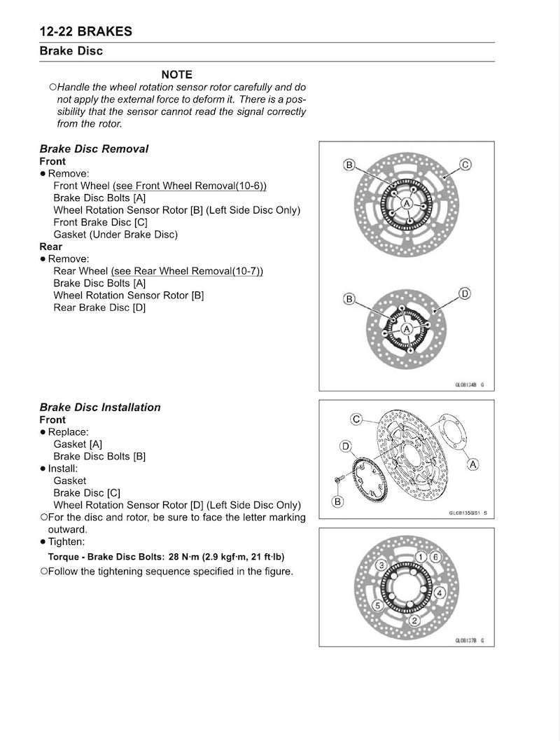 A black and white technical service manual page for brake disc removal and installation, featuring text instructions and circular schematic diagrams labeled with parts such as brake disc, rotor, and gasket.