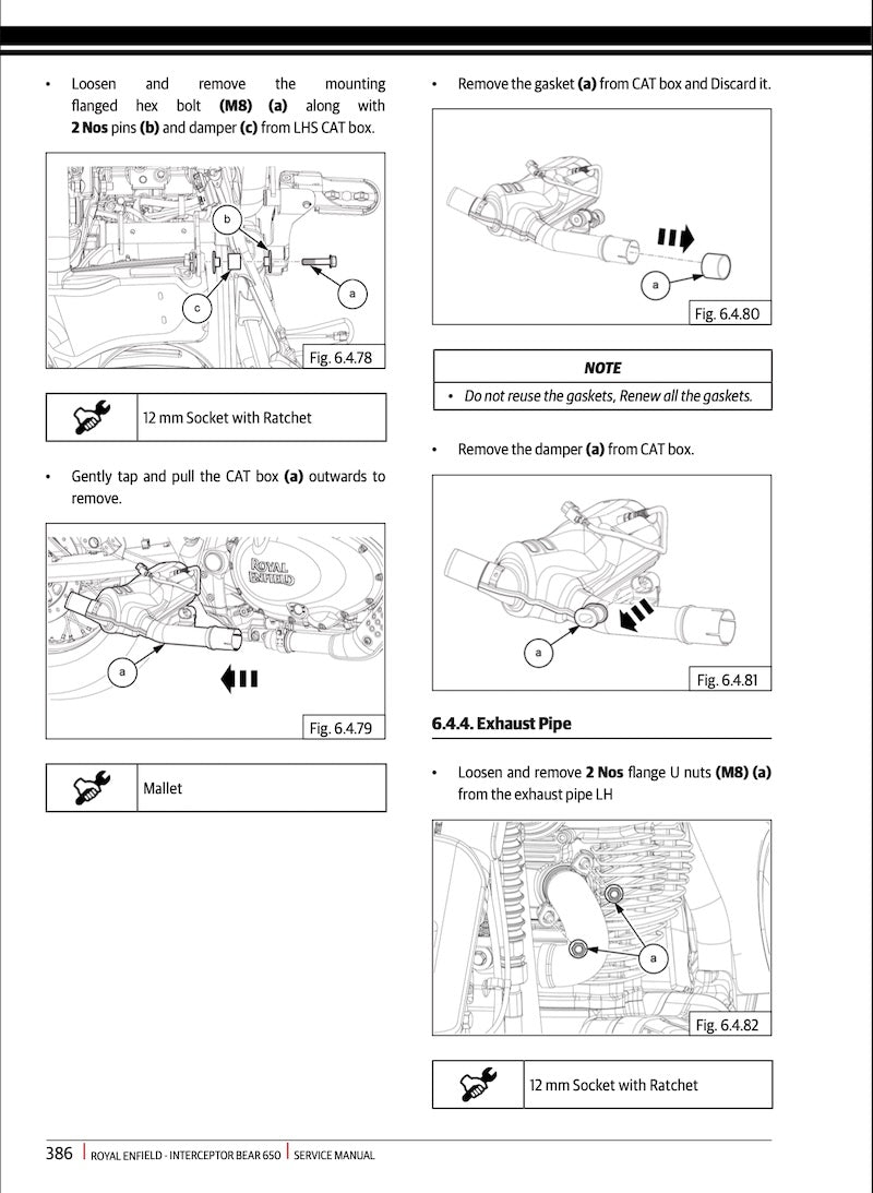 A page from a Royal Enfield service manual showing technical diagrams and instructions for removing mounting bolts, gaskets, and an exhaust pipe, with labeled parts and step-by-step notes.