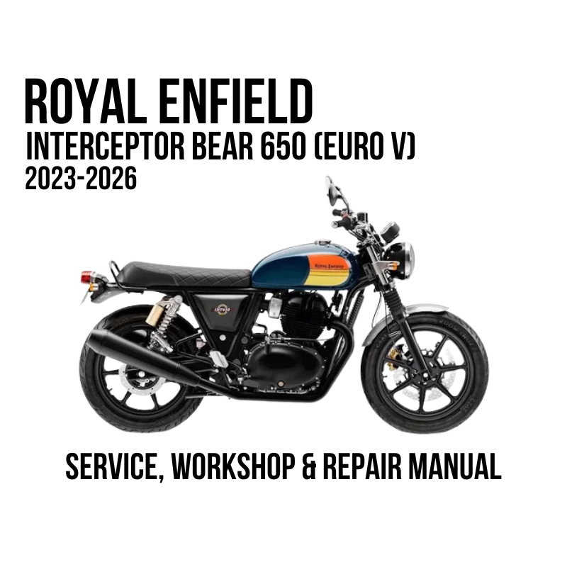 2024-2026 Royal Enfield Interceptor Bear 650 service, workshop, and repair manual cover featuring a side profile of the motorcycle on a white background with black text.