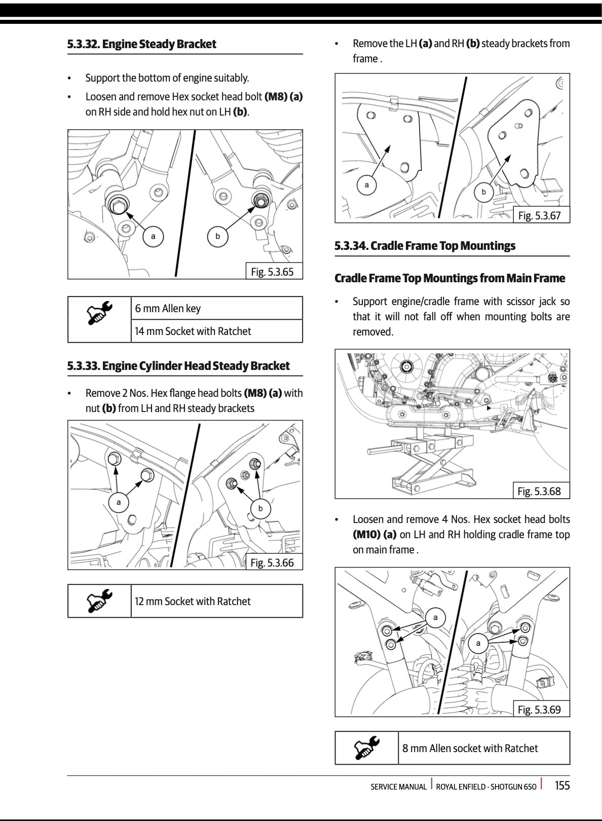 A printed service manual page with black text, line drawings, and bolt/socket callouts showing engine bracket and cradle frame top mountings.