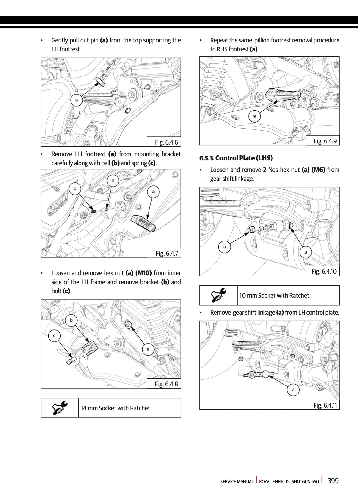 A black and white technical instruction page from a Royal Enfield service manual, showing numbered line drawings and captions for removing LH footrest components and control plate hardware.