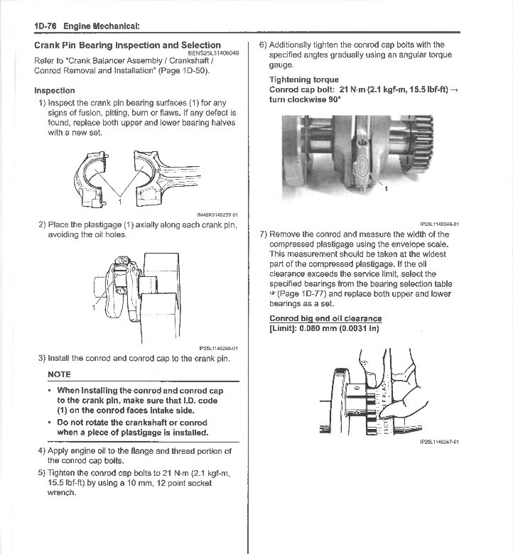 A technical instruction sheet with numbered steps and measurement guidance for inspecting and selecting a crank pin bearing, including torque values and dimensions, shown on a white background.