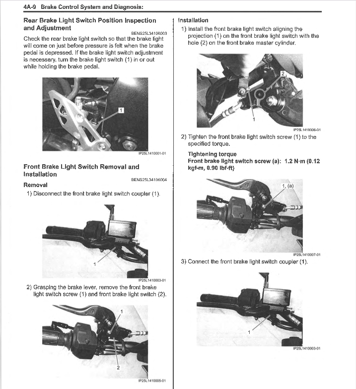 A technical service manual page showing step-by-step instructions and diagrams for removing and installing the front brake light switch coupler, with labeled parts and numbered procedures.