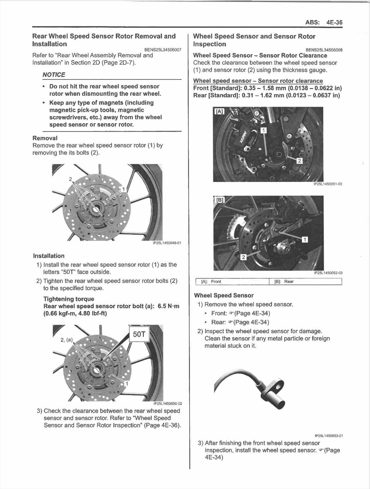 Suzuki GSX-8S service manual page 4E-36 rear wheel speed sensor rotor removal and inspection photos