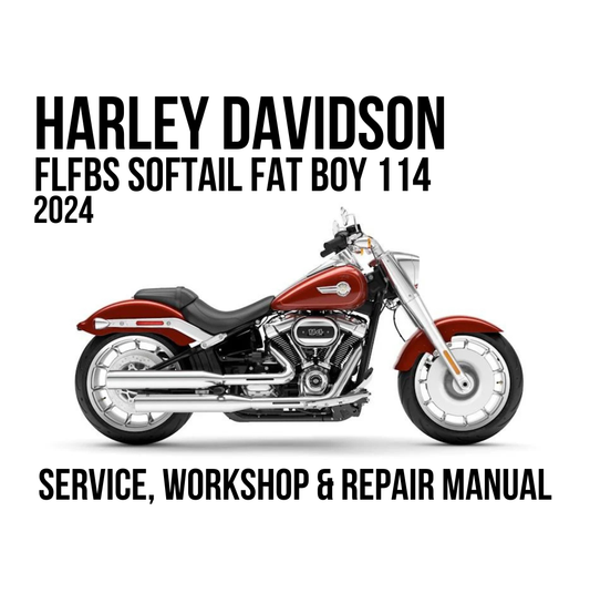 Harley-Davidson FLFBS Softail Fat Boy 114 2024 service, workshop, and repair manual cover featuring a side profile of a red and black motorcycle on a white background.