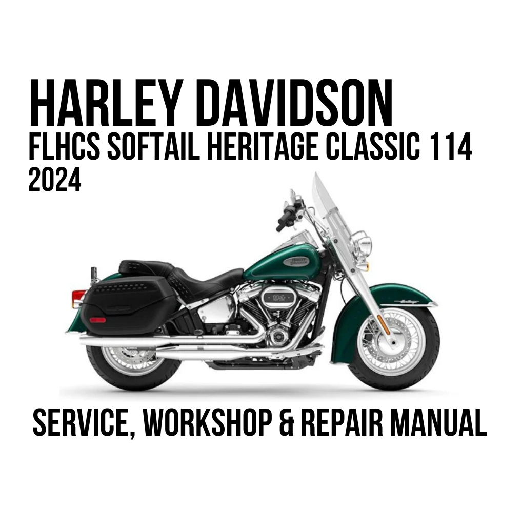 A service and workshop repair manual cover for a 2024 Harley-Davidson Softail Heritage Classic 114, featuring a side profile of the motorcycle on a white background with black text.