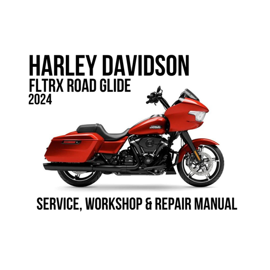 A red Harley-Davidson FLTRX Road Glide motorcycle is shown on a white background with large black text reading 'HARLEY DAVIDSON FLTRX ROAD GLIDE 2024' and 'SERVICE, WORKSHOP & REPAIR MANUAL'.