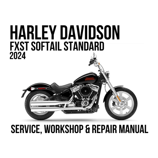 Harley-Davidson FXST Softail Standard 2024 service, workshop, and repair manual cover featuring a side profile of a black and chrome motorcycle on a white background.