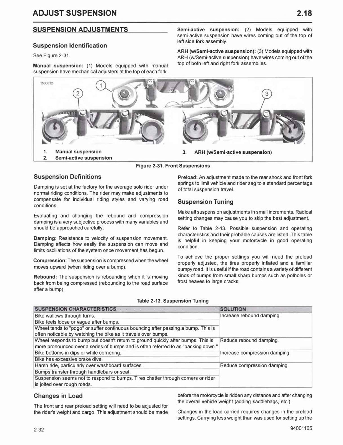 A printed page titled 'ADJUST SUSPENSION' with sections on suspension adjustments, suspension definitions, front suspension, suspension tuning, and a table of suspension characteristics, shown on a white page.