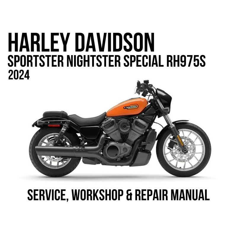 Harley-Davidson Sportster Nightster Special RH975S 2024 service, workshop, and repair manual cover featuring a side profile of the motorcycle with an orange fuel tank and black body, on a white background with black text.