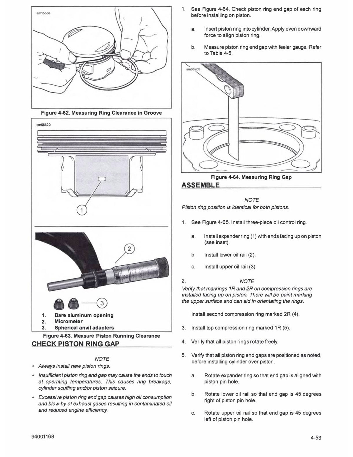 Technical instruction sheet showing piston ring measurement diagrams and assembly steps, with labeled figures, cross-section drawings, and numbered instructions on a white page.
