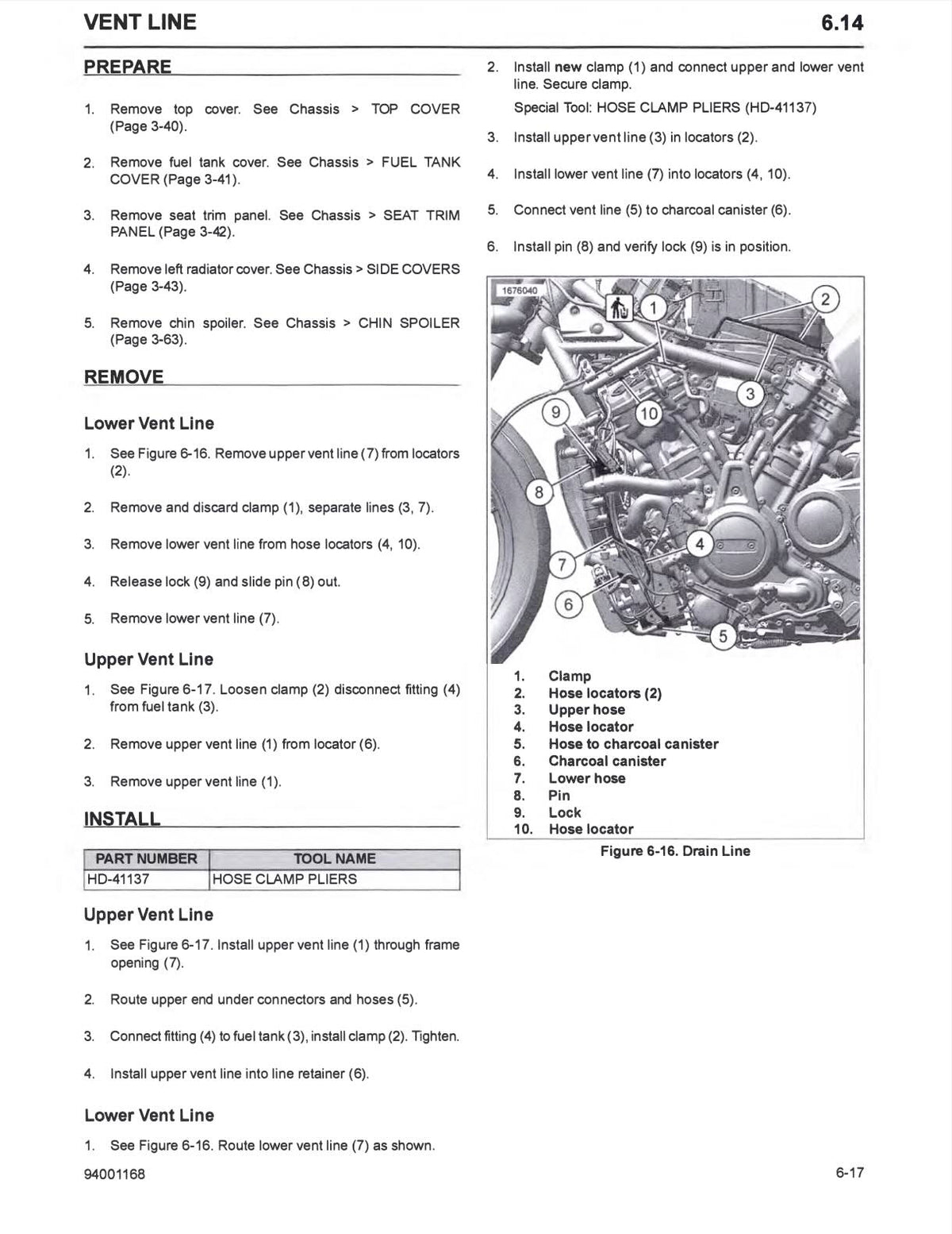 A printed installation and removal guide page for hose clamps, with text instructions, numbered steps, a black-and-white line drawing of a hose and clamp assembly, and a small parts-reference table.
