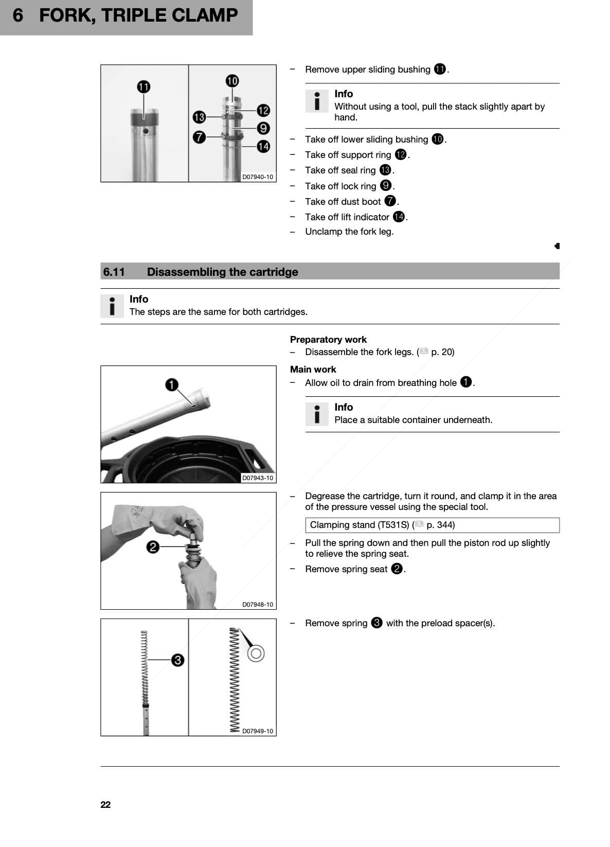 Husqvarna TE300 service manual page 22 fork cartridge disassembly photos
