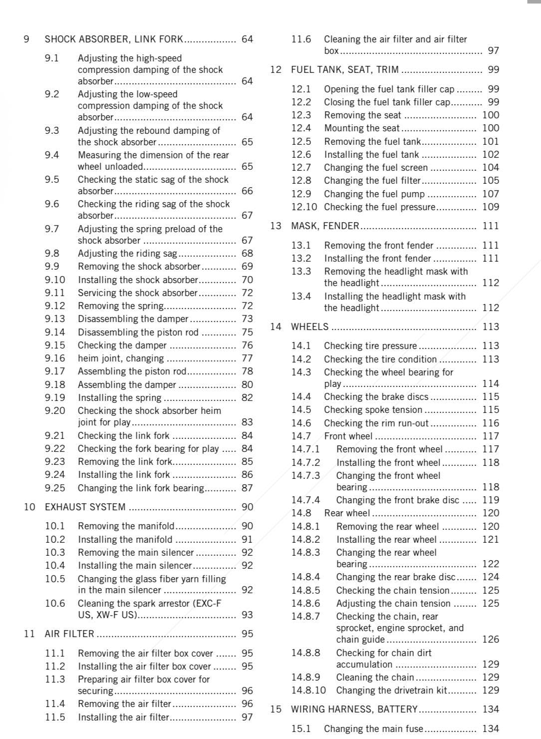Table of contents or index page from a manual with chapter titles and page numbers.