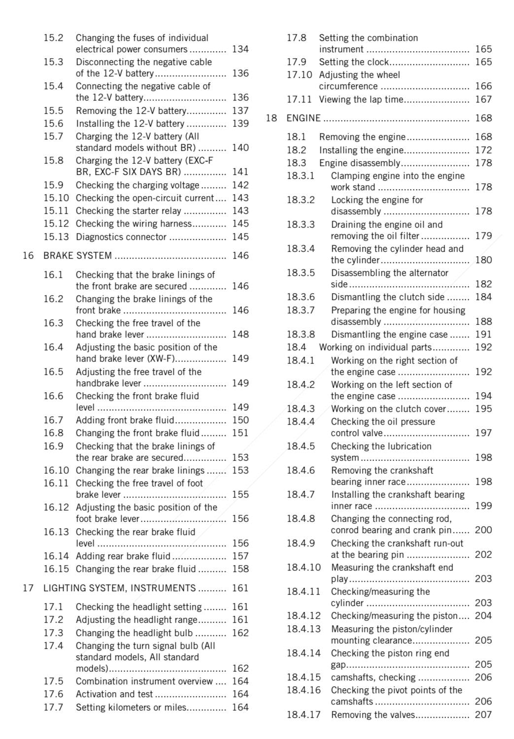 Table of contents for a technical manual on vehicle maintenance and repair.