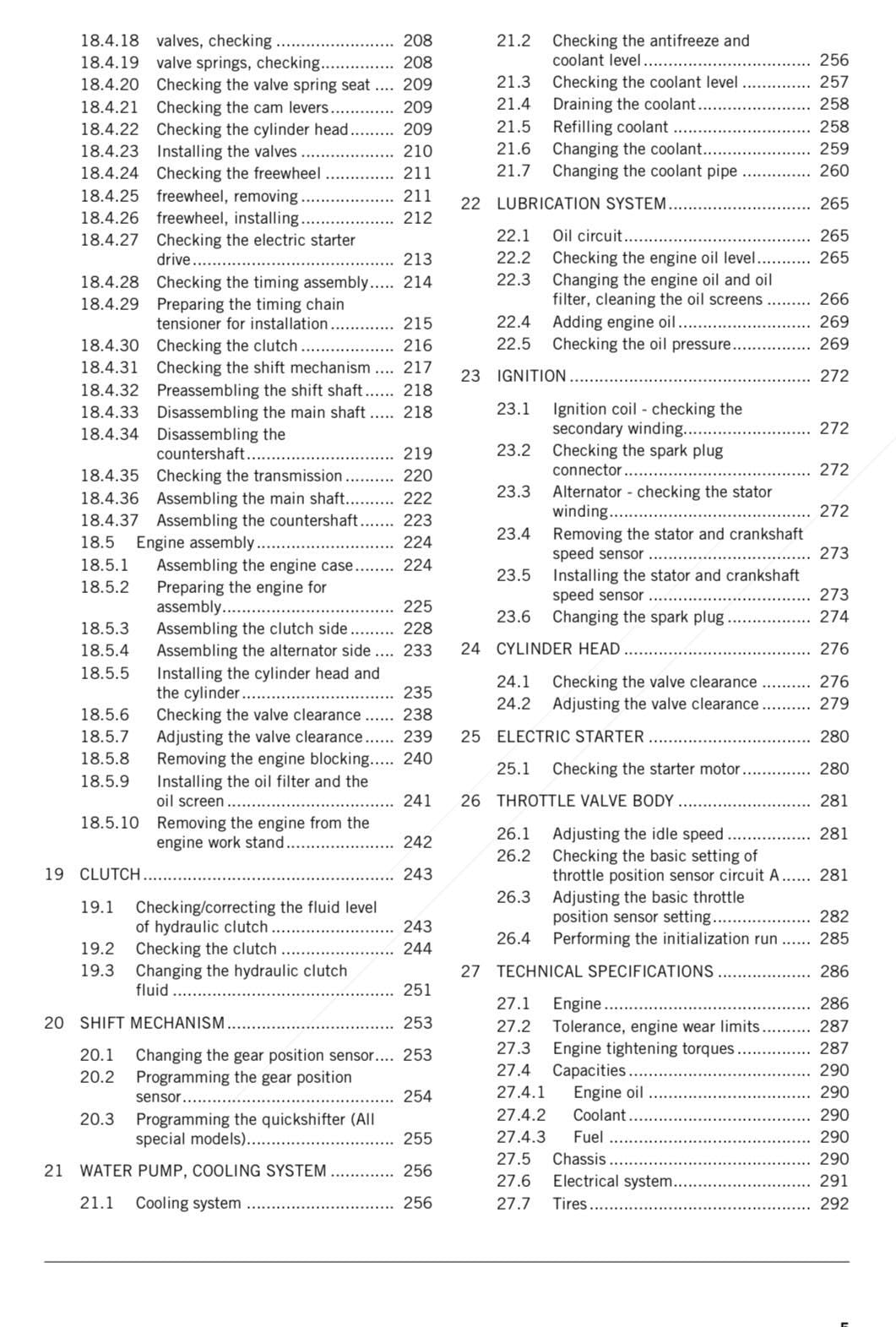 Table of contents or index page for a technical manual or book on vehicle maintenance or repair.