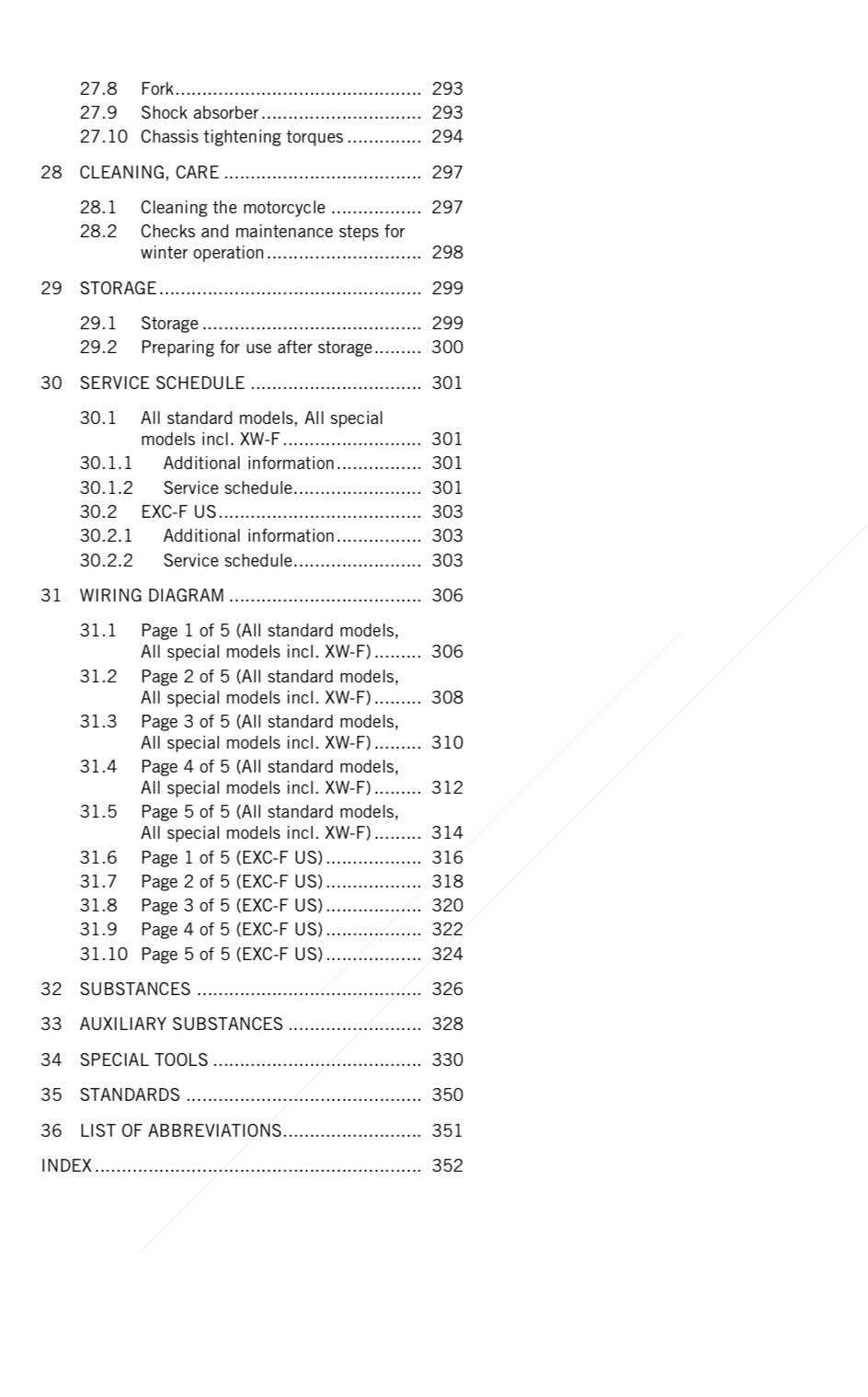 Table of contents for a technical manual on a white background