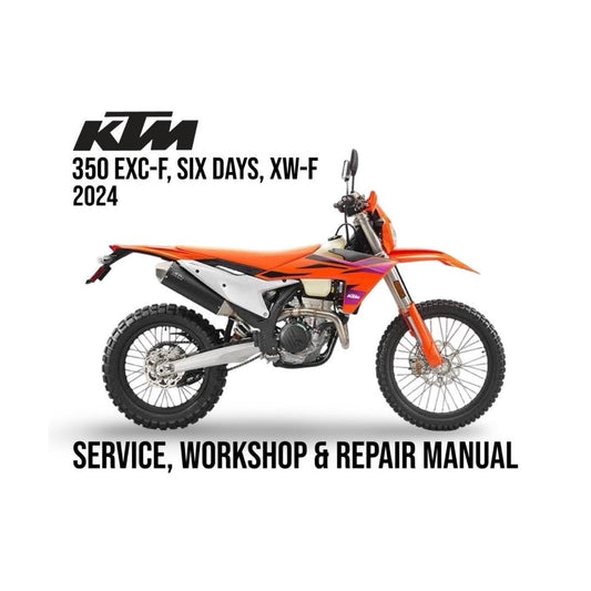 KTM motorcycle with text about service, workshop, and repair manual for 2024 models on a white background