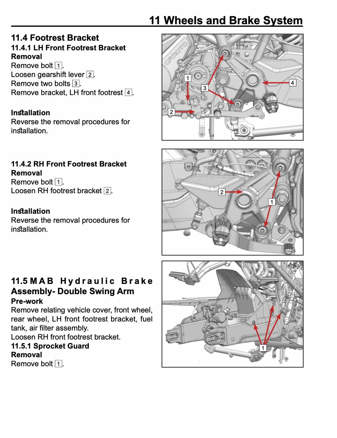 A black and white technical service manual page for a 'Wheels and Brake System' schematic, showing step-by-step removal and installation procedures with numbered callouts on line drawings of brake components.