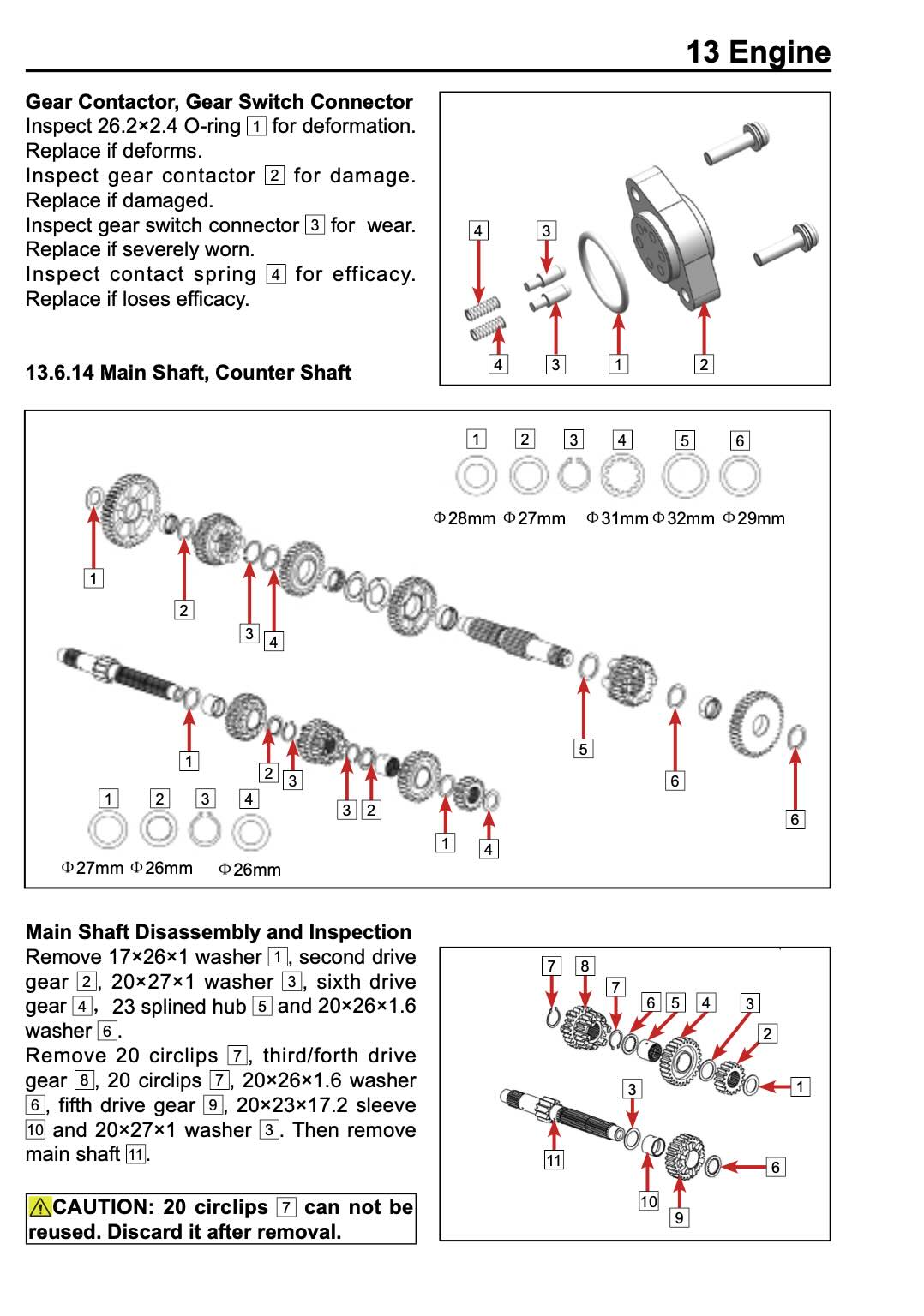 Schematic technical diagram for a Engine main shaft and counter shaft disassembly, showing labeled parts with arrows, dimensions, and removal instructions on a white background.
