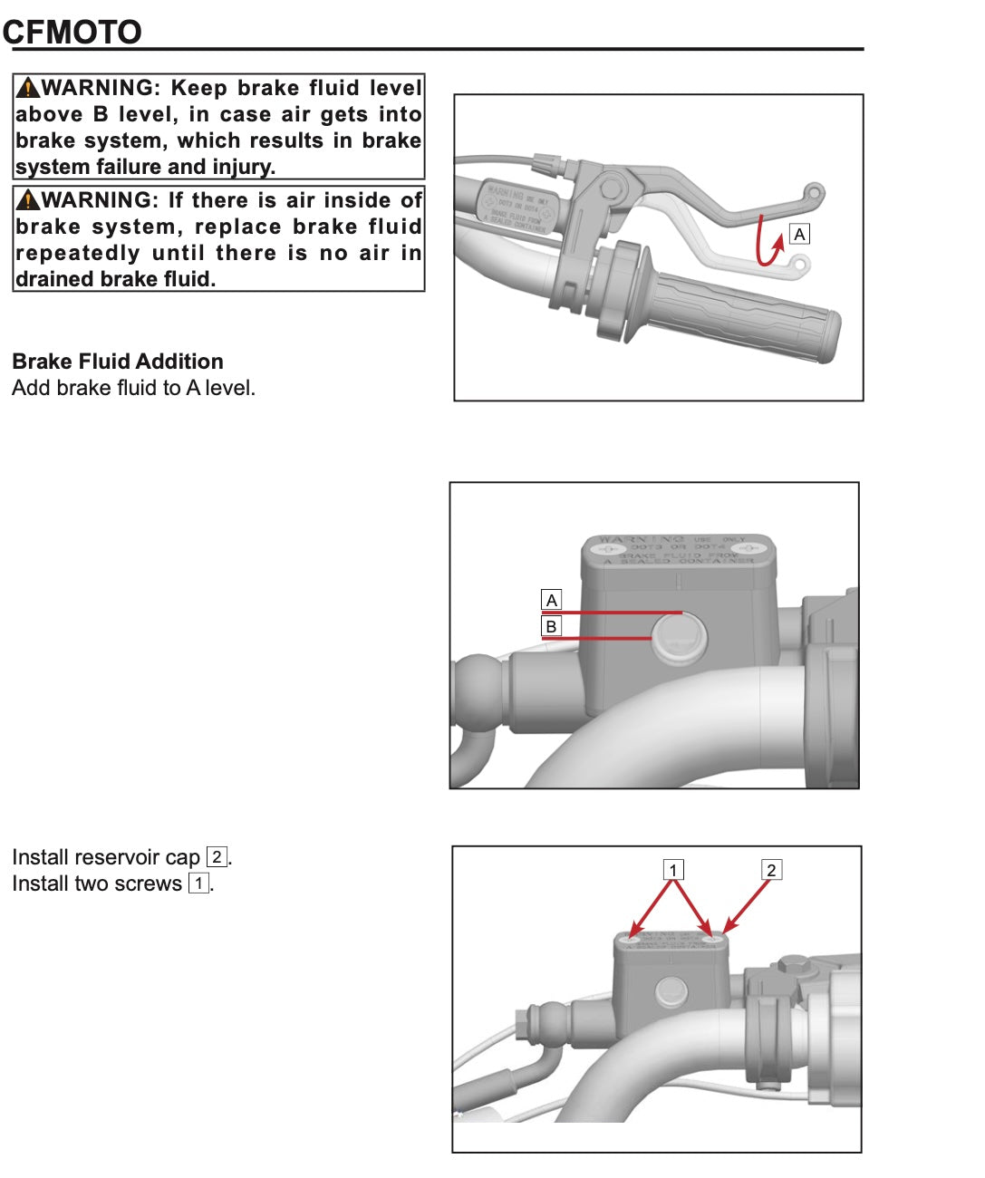 Instruction sheet for CEMOTO brake fluid addition, showing three labeled diagrams of a motorcycle handlebar brake lever and reservoir with warning text and numbered steps.