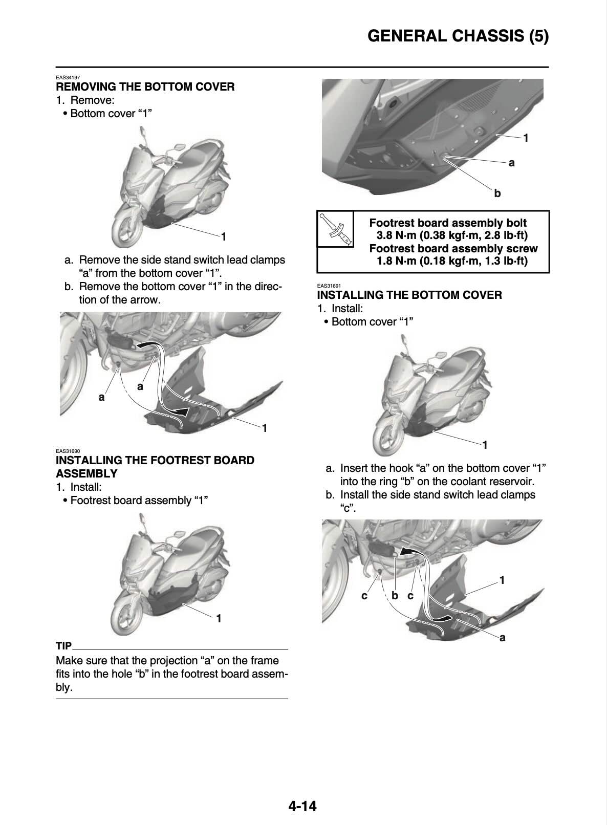 Yamaha NMAX 155 service manual page 4-14 general chassis section with bottom cover removal and installation procedures, footrest board assembly installation, side stand switch lead clamp routing, bolt and screw torque specifications 3.8 N·m and 1.8 N·m