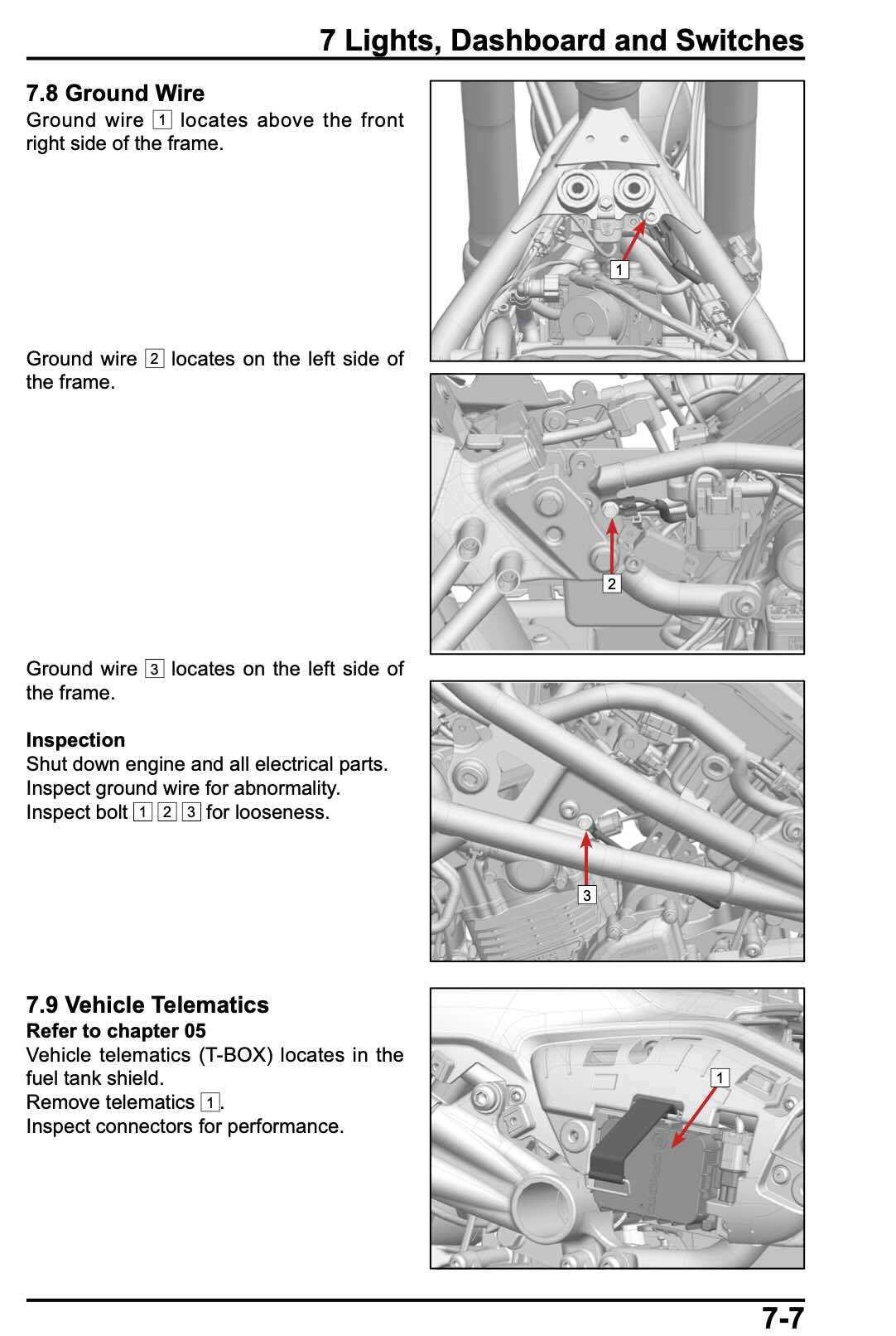 CFMOTO 450CL-C service manual page 7-7 ground wire locations and vehicle telematics diagrams