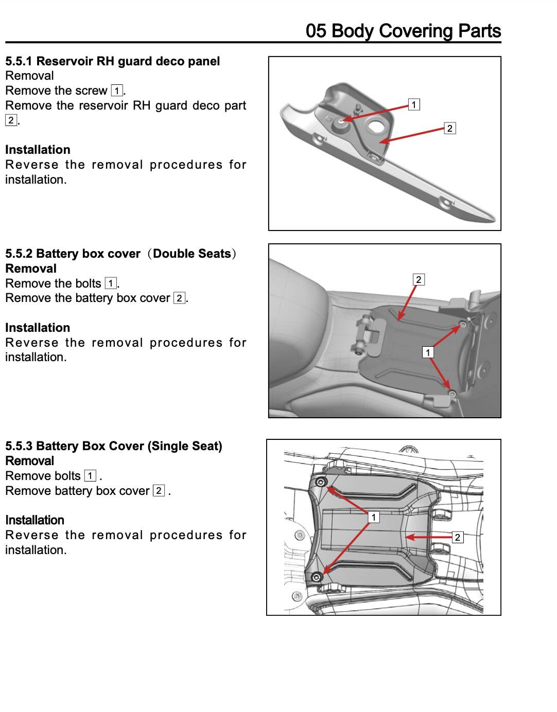 CFMOTO 450CL-C service manual body covering parts reservoir guard and battery box cover removal
