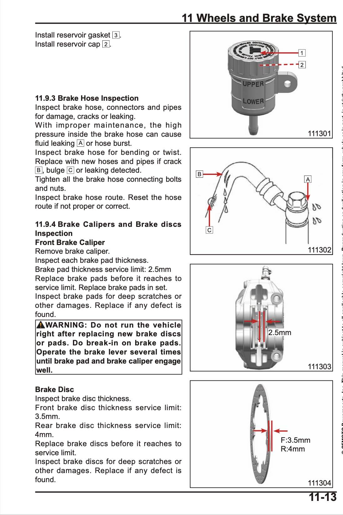 A technical service manual page for a Wheels and Brake System, showing diagrams and instructions for brake hose inspection, brake calipers, and brake discs with measurements and part numbers.