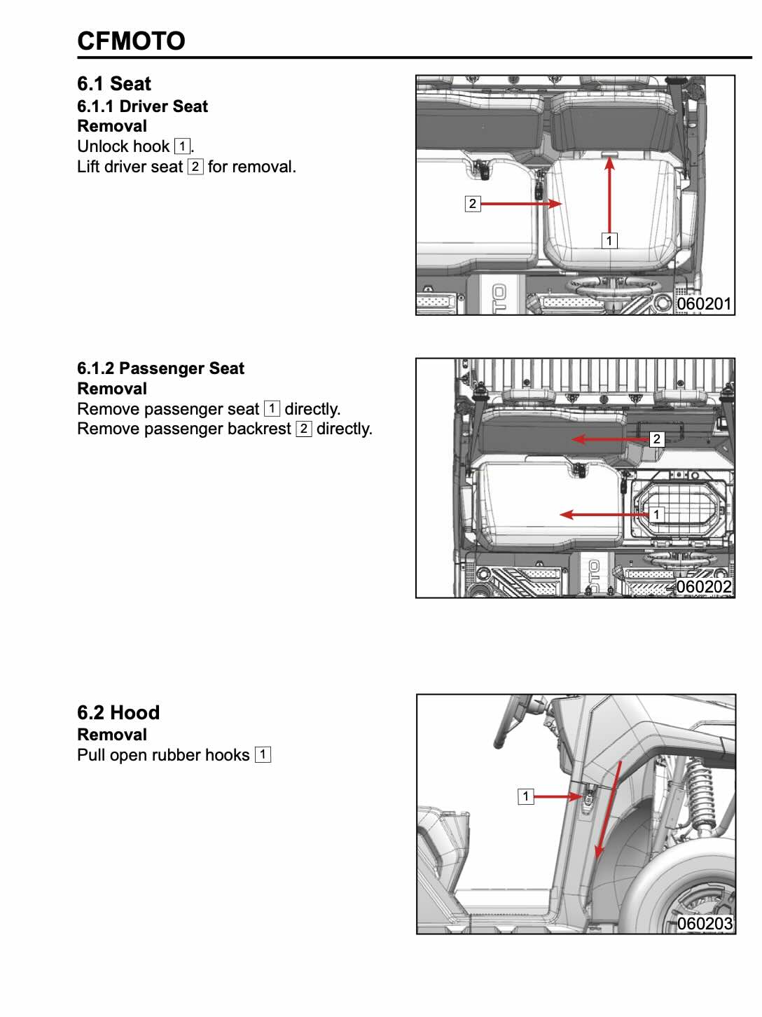 CFMOTO UFORCE 600 service manual driver passenger seat and hood removal diagrams