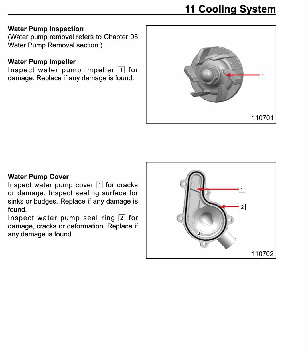 CFMOTO UFORCE 600 service manual cooling system water pump impeller and cover inspection diagrams
