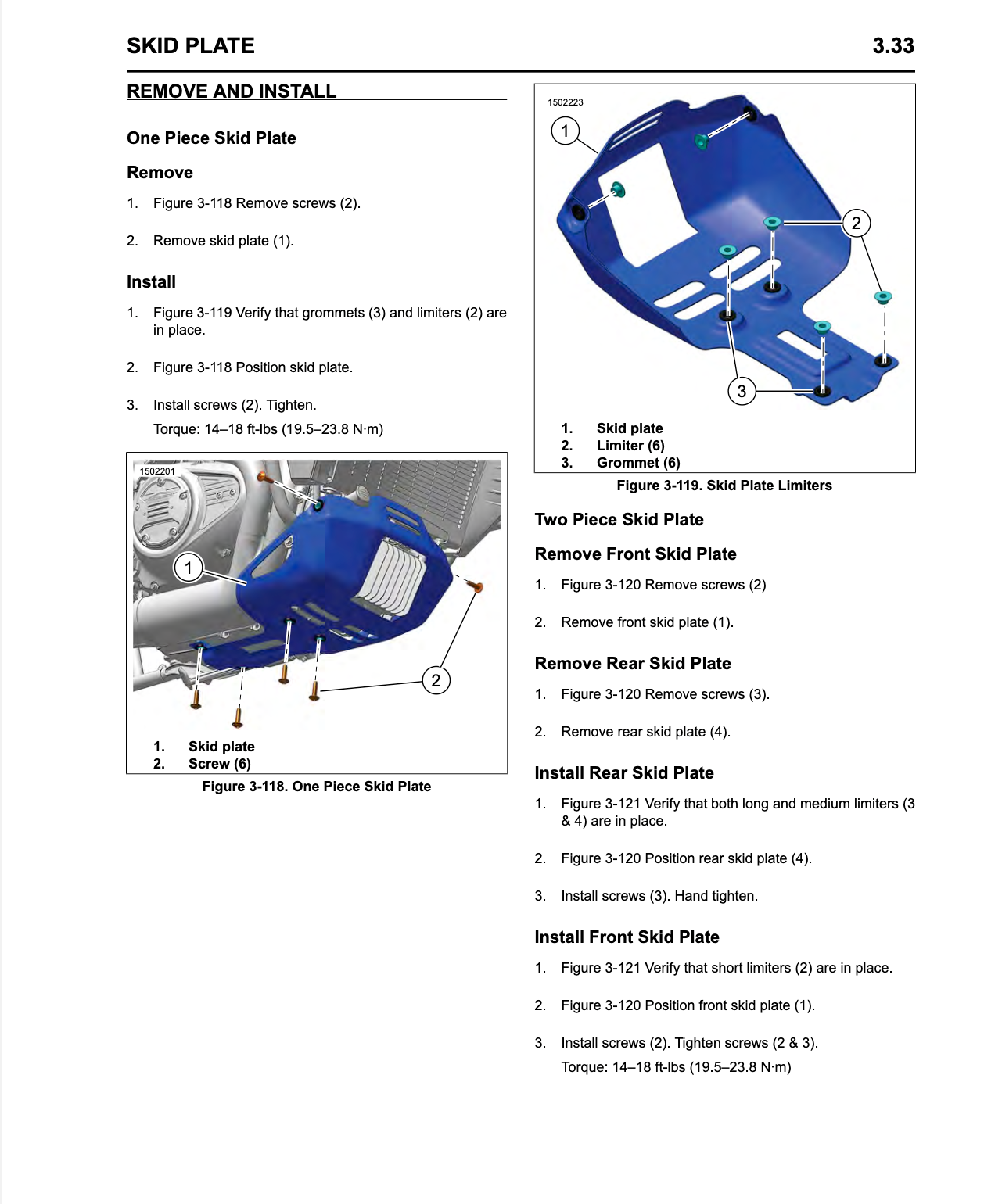 Instruction sheet showing how to remove and install a skid plate, with labeled parts, numbered steps, and small line drawings of the vehicle components.