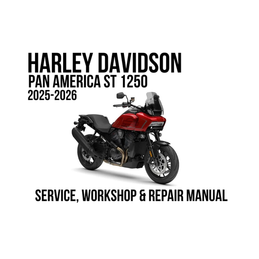 A service and workshop repair manual cover for a Harley-Davidson Pan America ST 1250 (2025-2026), featuring a red and black motorcycle on a white background with bold black text.