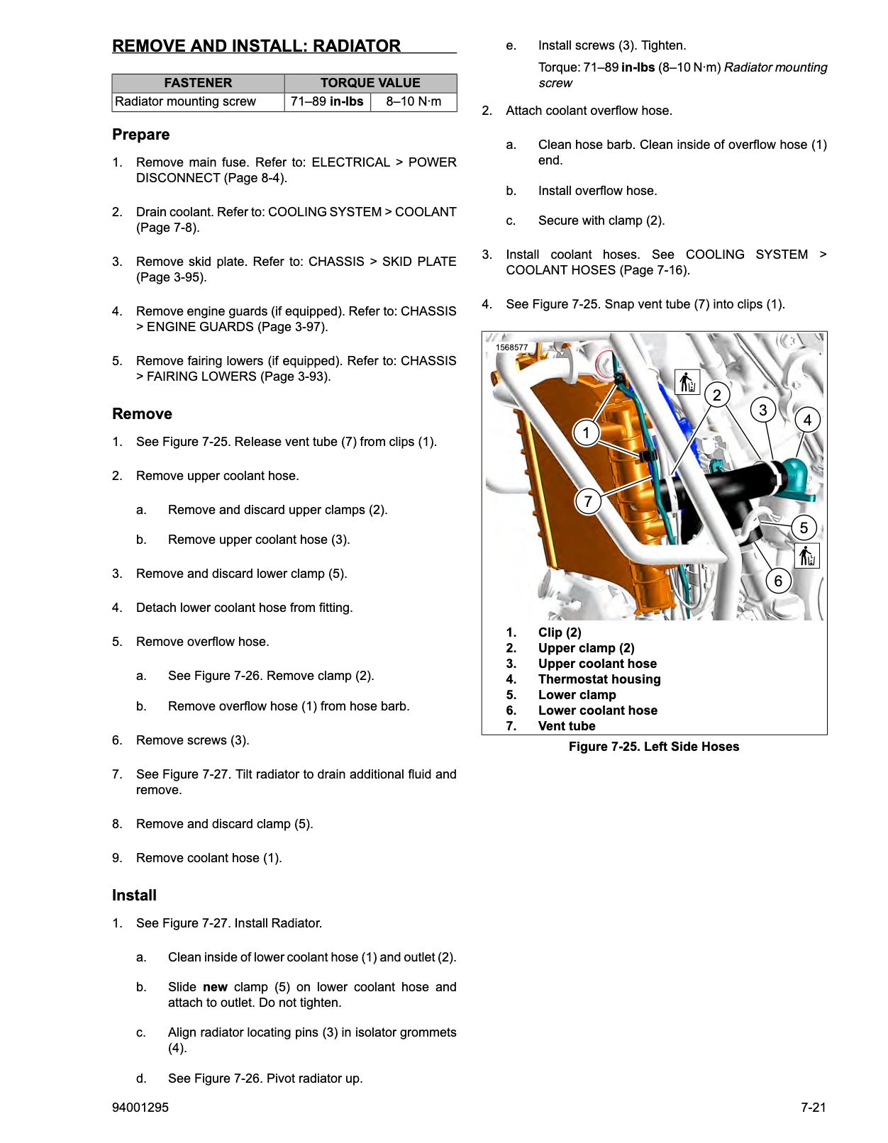 A printed installation and removal diagram sheet for a radiator, with labeled steps, part callouts, and a small color-coded parts reference table. The page includes text such as 'REMOVE AND INSTALL: RADIATOR' and numbered instructions with reference labels.