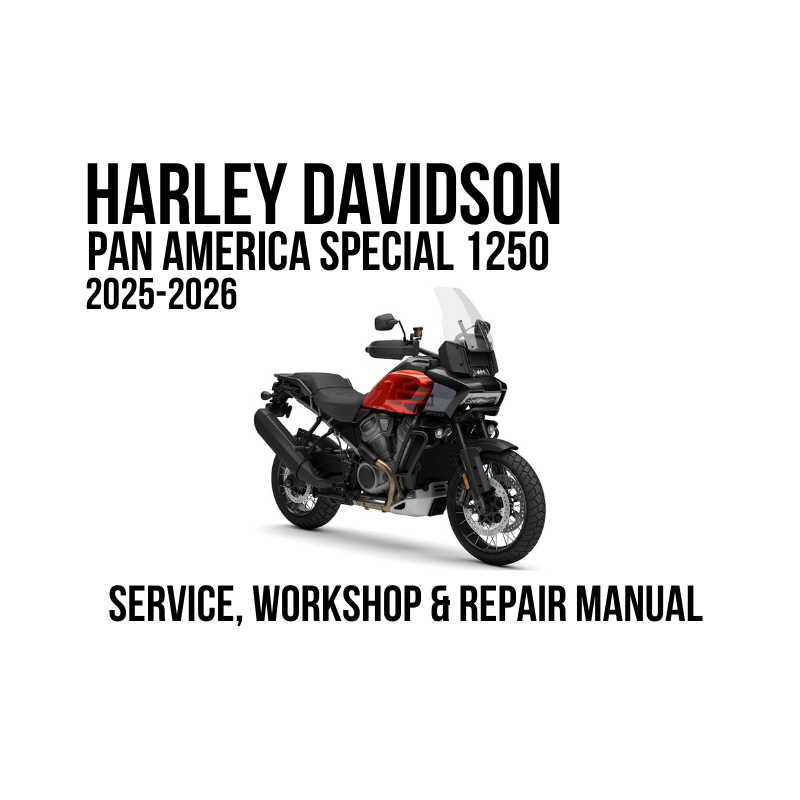A white cover-style graphic for a Harley-Davidson Pan America Special 1250 service, workshop, and repair manual, with the motorcycle shown in black and red and large black text reading 'HARLEY DAVIDSON PAN AMERICA SPECIAL 1250 2025-2026' and 'SERVICE, WORKSHOP & REPAIR MANUAL'.