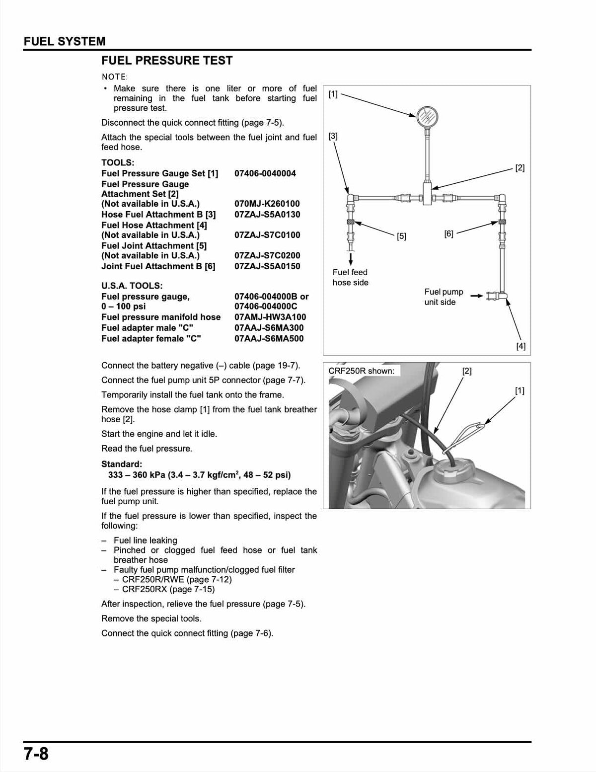 A black-and-white technical manual page for a fuel system fuel pressure test, showing diagrams, tool references, and a small photo of a mechanic using a tool on a car fuel tank.