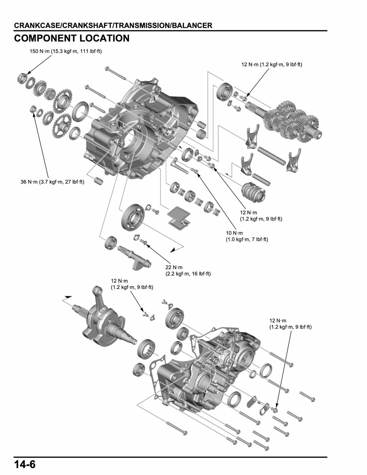 Honda CRF250R service manual page 14-6 crankcase transmission and balancer exploded view