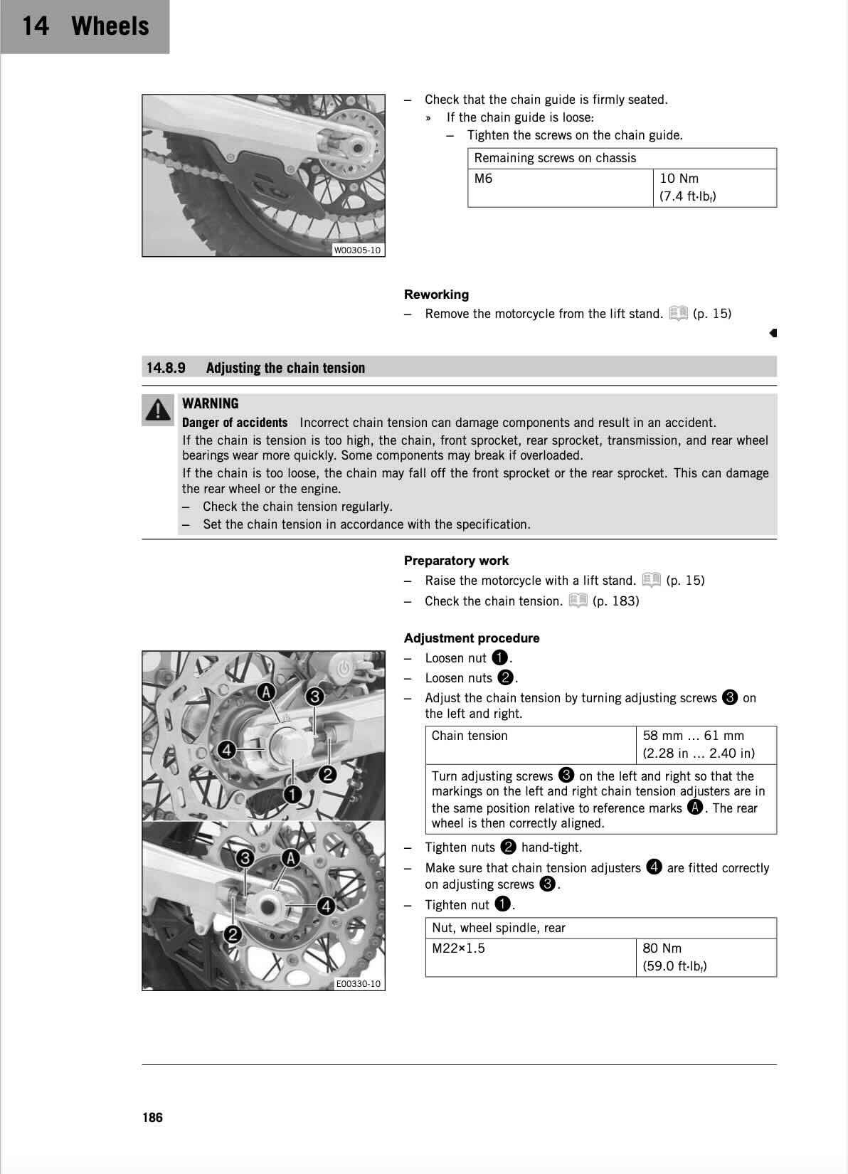 KTM 250EXC service manual page 186 rear chain tension adjustment procedure and photos
