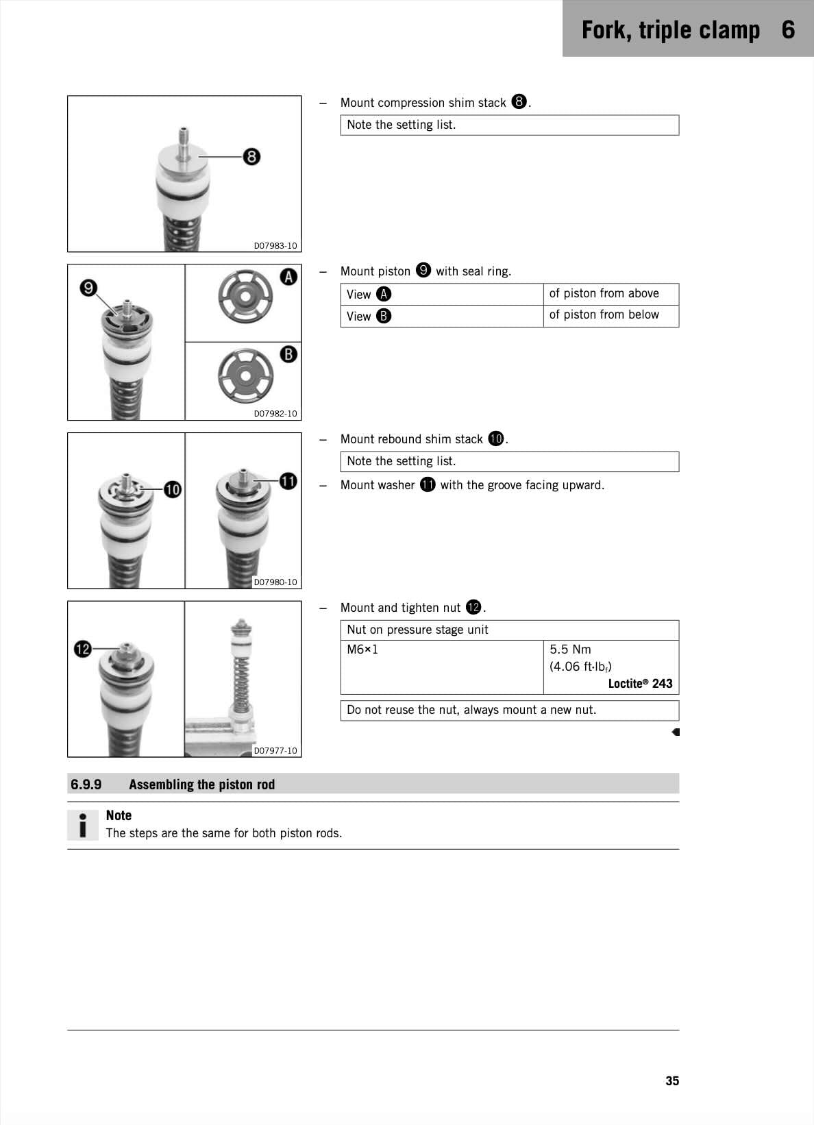 KTM 300EXC service manual page 35 fork piston rod assembly with shim stacks