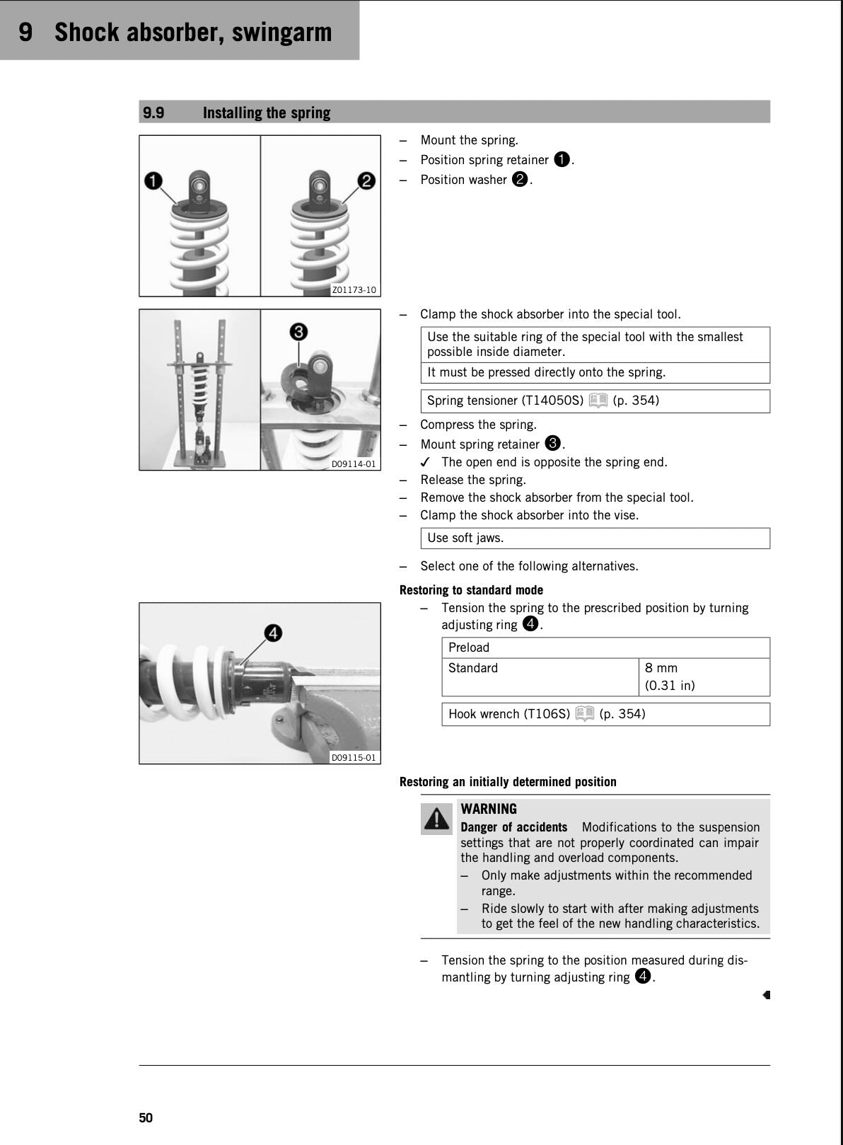 A technical service manual page showing how to install a shock absorber spring, with labeled diagrams, step-by-step instructions, and warning labels on a white background.
