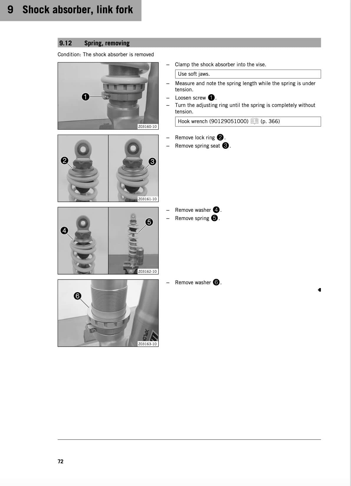 KTM 450 EXCF service manual page 72 shock absorber spring removal photos