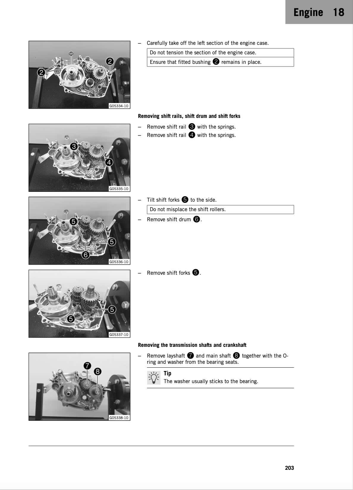 KTM 500 XWF service manual page 203 shift rails drum forks and transmission shaft removal photos
