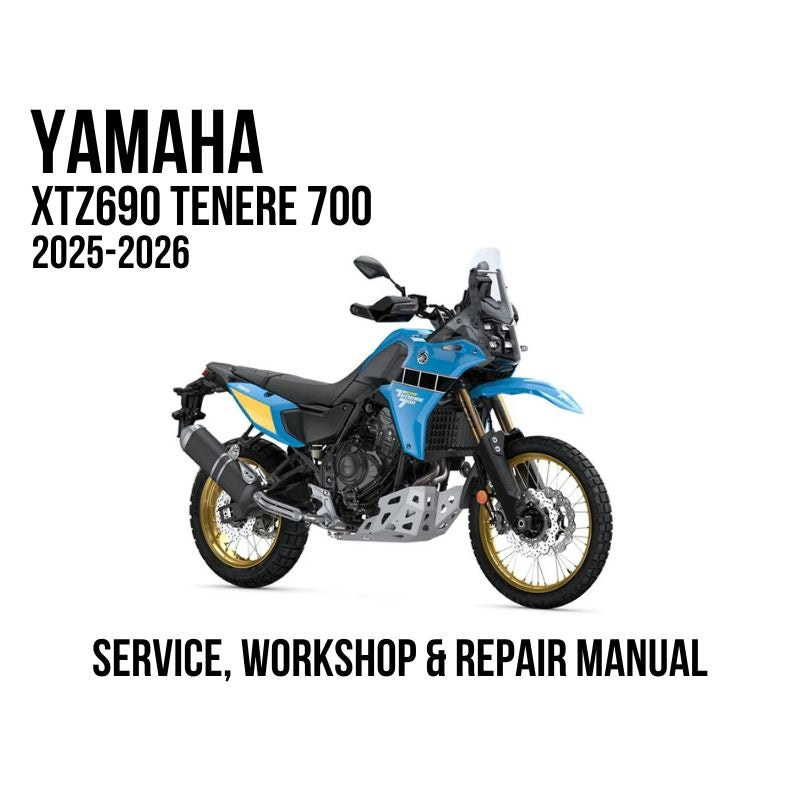 Yamaha XTZ690 Tenere 700 2025-2026 service, workshop, and repair manual cover featuring a blue and black motorcycle on a white background.