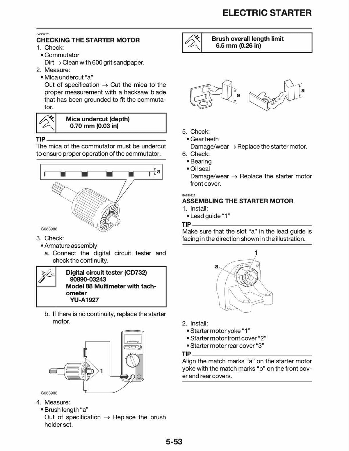 A printed page with black-and-white technical illustrations and text for an electric starter, showing steps for checking and assembling the starter motor with diagrams, arrows, and small component photos.