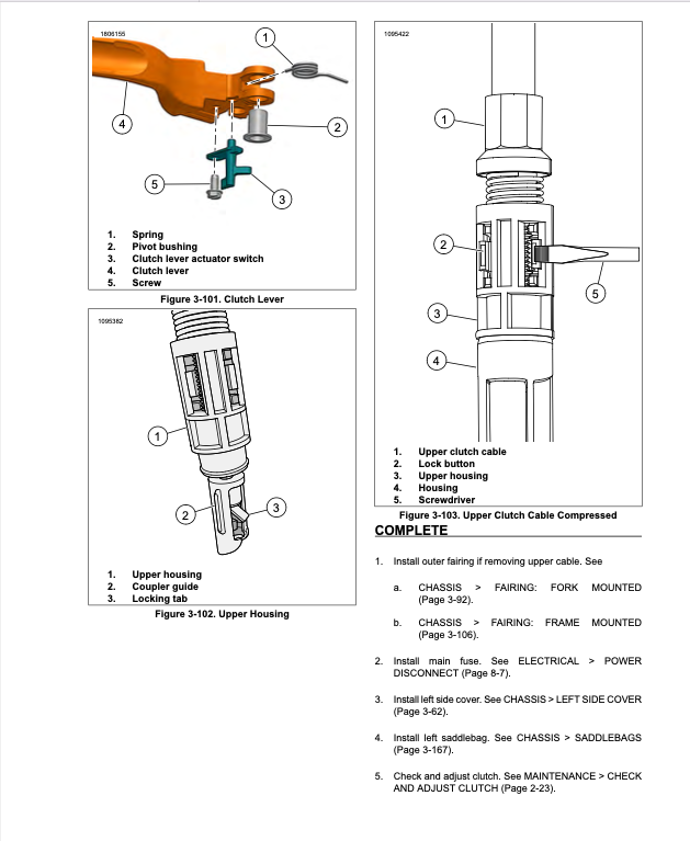 Technical instruction sheet showing labeled schematic diagrams of a clamp brake actuator and upper clutch cable assembly with numbered callouts and installation steps on a white background.