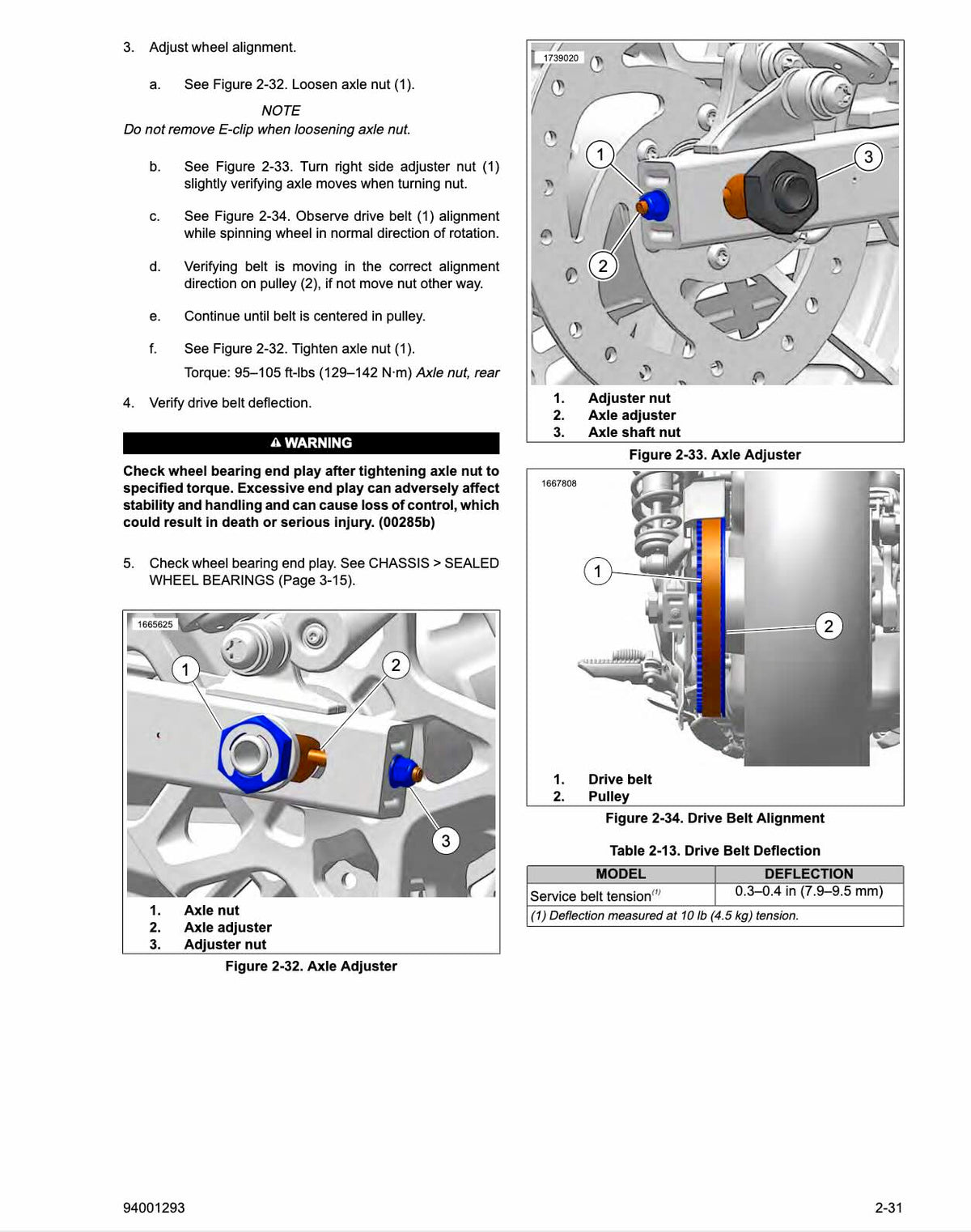 Harley-Davidson Nightster service manual page with rear axle adjuster and drive belt alignment diagrams plus deflection specs