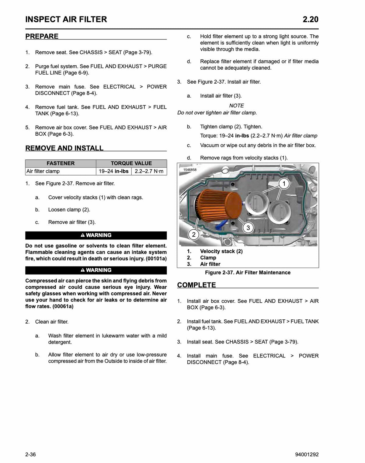 A technical service manual page showing instructions for inspecting and replacing an air filter, with numbered steps, torque values, a warning label, and a labeled mechanical filter assembly diagram.