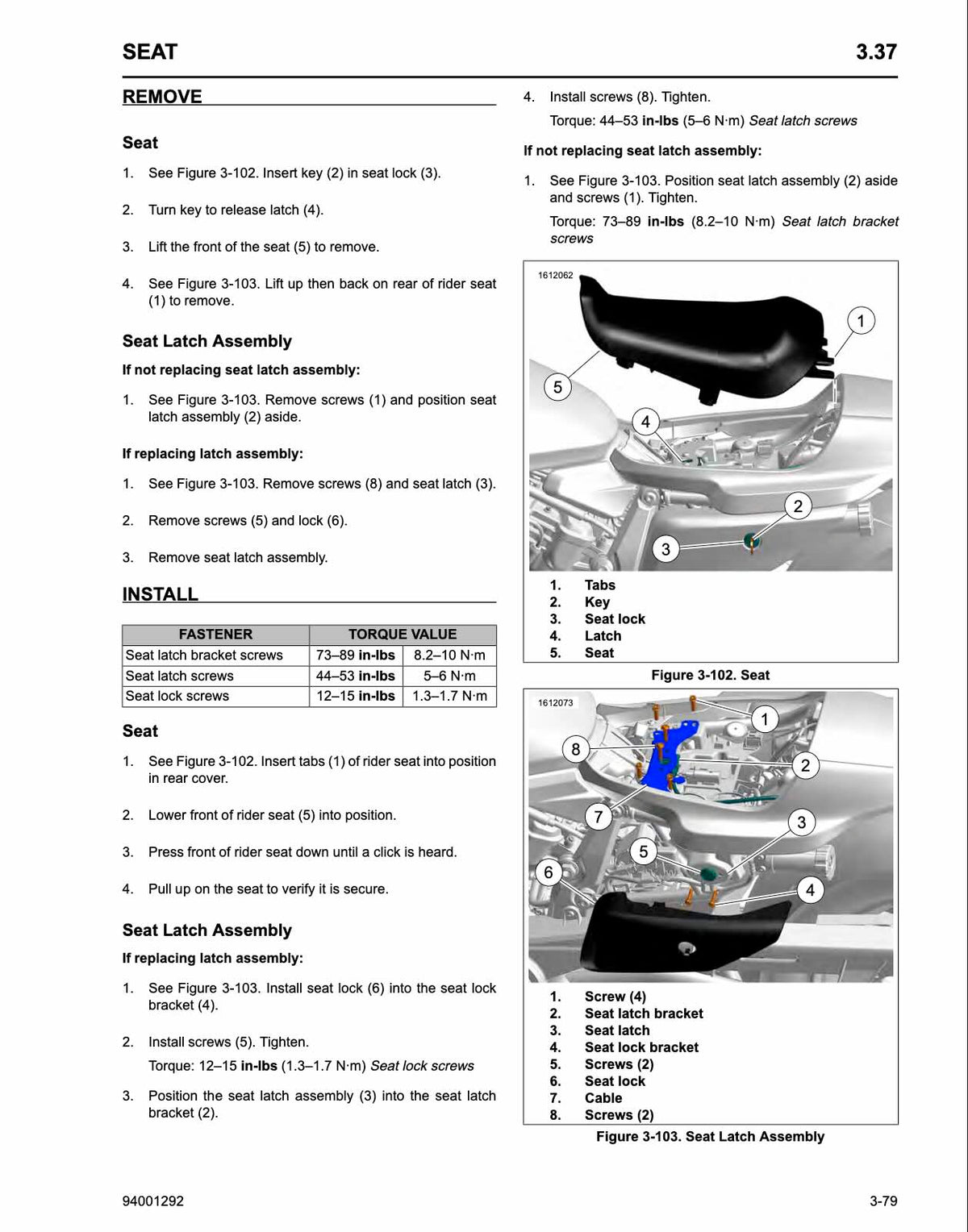 A technical instruction sheet page for a vehicle seat, showing labeled diagrams of the seat, seat latch assembly, and installation steps with torque values and numbered callouts.
